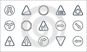 signaling line icons. linear set. quality vector line set such as turn left, turn right, t junction, yield, intersection,