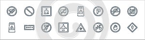 Signals and prohibitions line icons. linear set. quality vector line set such as ahead only, no bicycle, airport, wet floor, no