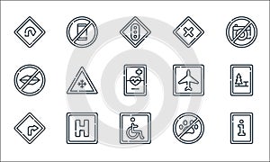 Signals and prohibitions line icons. linear set. quality vector line set such as information, disabled, turn right, no pets, hotel