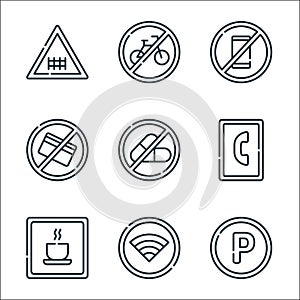 signals and prohibitions line icons. linear set. quality vector line set such as parking, wifi, rest area, emergency call, no