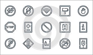 Signals and prohibitions line icons. linear set. quality vector line set such as plug, camping, no parking, no cit card, traffic