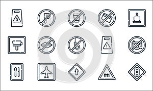 signals and prohibitions line icons. linear set. quality vector line set such as traffic light, ahead only, rest area, railway,