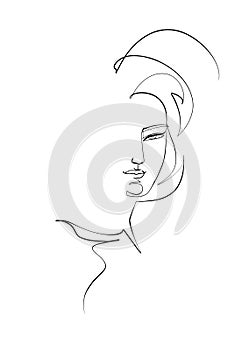 Signature in a form of woman face, continuous line ink drawing