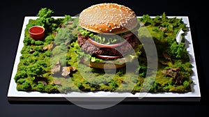 Sculptural Landscape: Lamb Burger On Green Grass photo