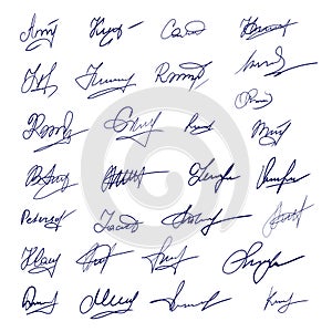 Signatures set. Fictitious signatures for business contract. Vector EPS 10 collection by hand