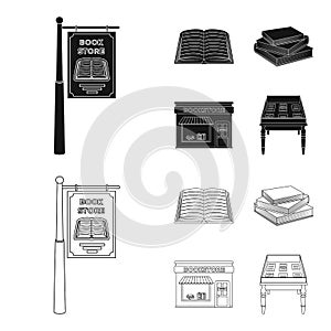 A signboard, a bookstore, a stack of books, an open book. A library and a bookstore set collection icons in black