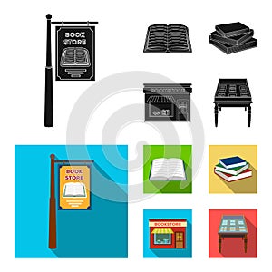 A signboard, a bookstore, a stack of books, an open book. A library and a bookstore set collection icons in black, flat