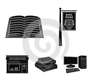 A signboard, a bookstore, a stack of books, an open book. A library and a bookstore set collection icons in black style