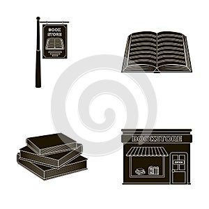 A signboard, a bookstore, a stack of books, an open book. A library and a bookstore set collection icons in black style