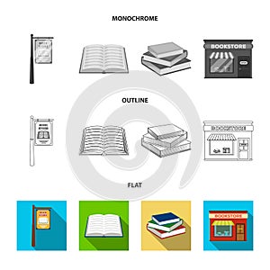 A signboard, a bookstore, a stack of books, an open book. A library and a bookstore set collection icons in flat,outline