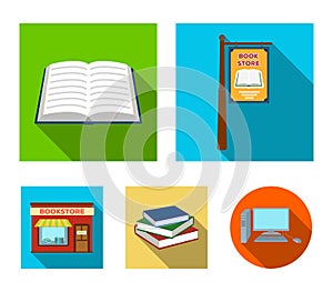 A signboard, a bookstore, a stack of books, an open book. A library and a bookstore set collection icons in flat style