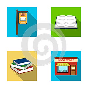 A signboard, a bookstore, a stack of books, an open book. A library and a bookstore set collection icons in flat style