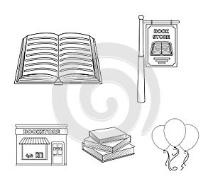 A signboard, a bookstore, a stack of books, an open book. A library and a bookstore set collection icons in outline