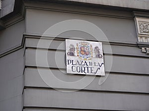 Signboard with Ceramic tile design from Plaza Cortez Square of Madrid City. Spain