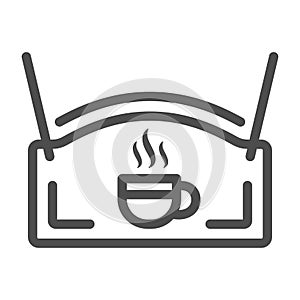 Signboard with cup of coffee and smoke line icon, catering concept, shopsign with mug vector sign on white background