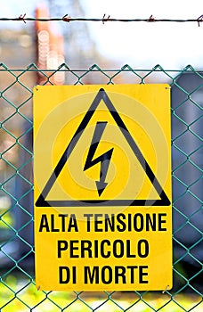 Signboard of danger high voltage in power plant