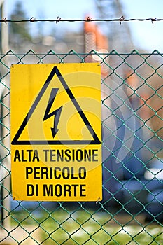 Signboard of danger high voltage in power plant photo