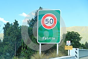 A signboard of Fairlie, New Zealand. Fairlie is a Mackenzie District service town located in the Canterbury region of the South