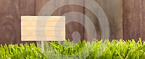 Signboard on Grass background of wood planks, Fresh green lawn n