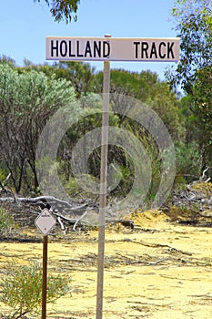Signboard of the Holland Track, a 4WD route in Western Australia