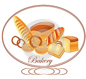 Signboard, logo for the bakery. Composition from bakery products.
