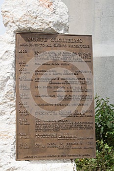 Signboard at the Monument to the Redeemer at Monte Guglielmo, Lombardy, Italy