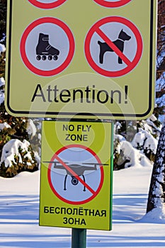 Signboard No fly zone. The sign prohibiting flights of drones