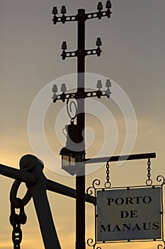 Signboard with Porto de Manaus during sunset, Brazil