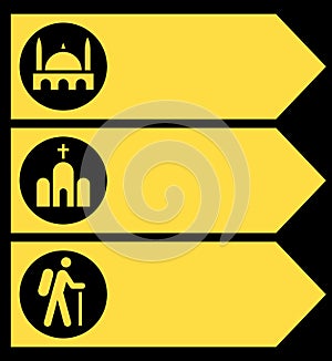 Signboard set on road for pointing direction. Signpost to church, mosque and hiking trail. Landsmark - arrow boards