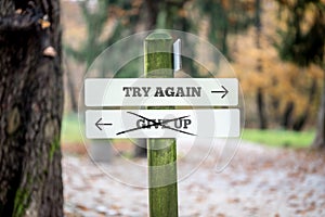 Signboard with two signs saying - Try again - Give up - pointing photo