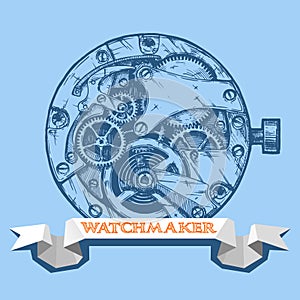 Signboard of watchmaker with clockwork