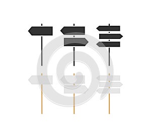 Signboard with wooden pole icon set. Direcion sign post illustration symbol. Banner board vector