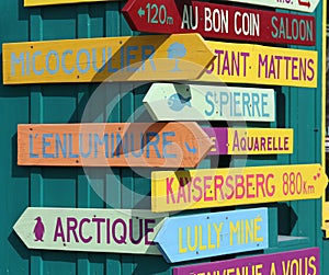 Signboards on painted house in Oleron island , France