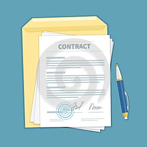 Signed a contract with stamp, envelope, pen. The form of document. Financial agreement concept. Top view.