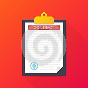 Signed paper deal contract icon agreement pen on desk flat business. Vector illustration.