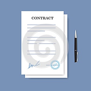 Signed paper deal contract icon. Agreement and pen isolated on the blue background.