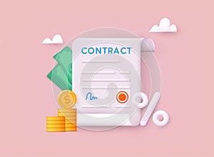 Signed paper deal contract with percent icon agreement. 3D Vector Illustrations