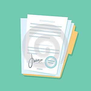 Signed paper documents. Manual signature on important office papers, stamped documentation files in files folder vector photo