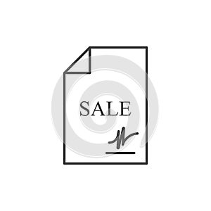 Signed sales document icon. A simple line drawing of a piece of paper, text and a signature. Isolated vector on white