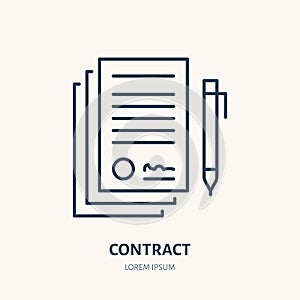 Signing agreement, contract vector flat line icon. Legal document sign