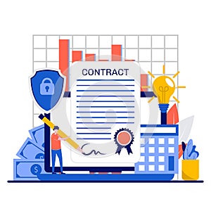 Signing a contract concept with character. Businesspeople sign an agreement online flat vector illustration. Digital signature, e-