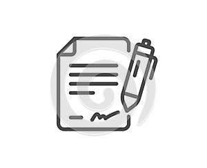 Signing document line icon. Contract signature sign. Agreement file. Vector photo