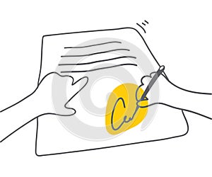 Signing document Man signing document with yellow accent on signature Vector flat linear illustration Pact accord