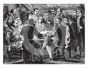 Signing of the Mayflower Contract,vintage illustration