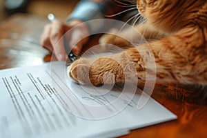 Signing a pet medical insurance contract. Contract form, person\'s hand and cat\'s paw on the table.