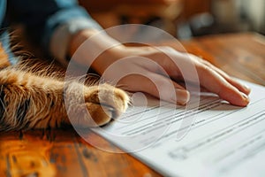 Signing a pet medical insurance contract. Contract form, person\'s hand and cat\'s paw on the table.