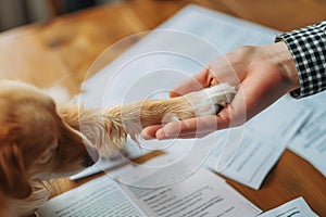 Signing a pet medical insurance contract. Contract form, person\'s hand and dog\'s paw on the table.