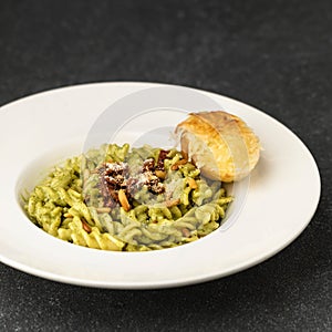 Signor spagoo pasta served in dish isolated on table top view of fastfood