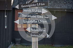 signpost Abisko Sweden Arctic Circle indicates distance and direction to various towns like Northpole and Stockholm
