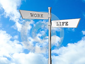 Signpost against beautiful sky. Concept of balance between work and life